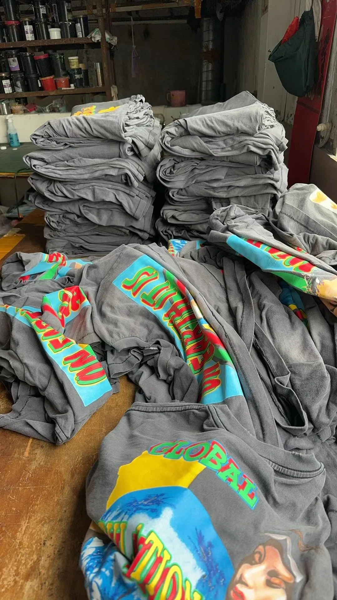 Workshop materials SAINT MICHAEL SS TEE/ON EARTH/BLK Jesus, Mary, Holy Infant Earth TEE Ready-made garments Aso special piece dyeing Washing and distressing Vintage technology Front and rear super complex super large printing Top purchasing technology